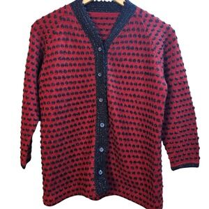 Vintage Red Black Metallic Knit Cardigan Sweater Polka Dot Button Front Shimmer